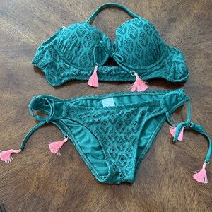 Xhilaration Green Crochet Trim Bikini with Tangerine Tassles